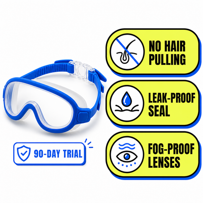 Kids Swim Goggles main benefits: no hair pulling, leak-proof seal, fog-proof lenses, 90-day trial