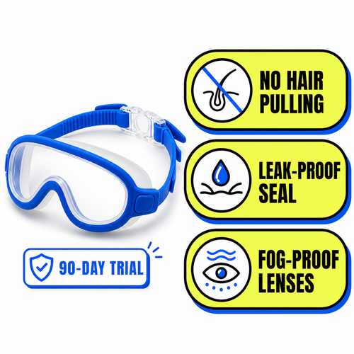 Kids Swim Goggles main benefits: no hair pulling, leak-proof seal, fog-proof lenses, 90-day trial