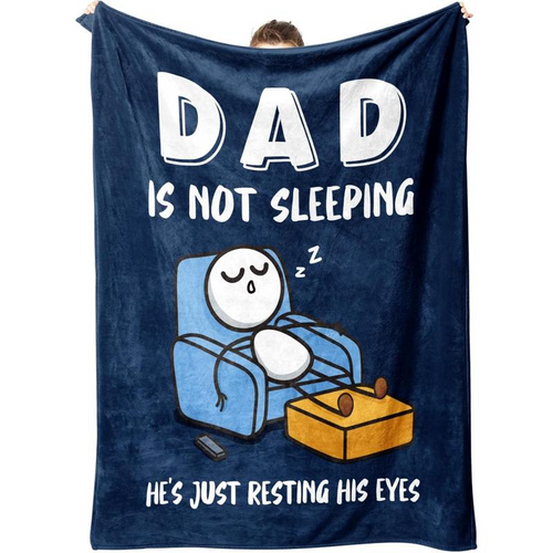 Navy blanket held up with Dad Is Not Sleeping design