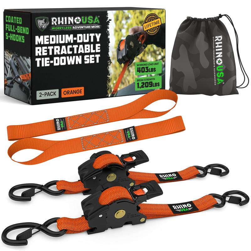 Orange 2-pack retractable ratchet tie-down straps with storage bag