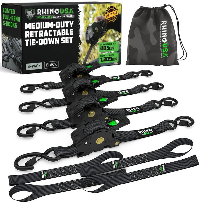 Black 4-pack retractable ratchet tie-down straps with storage bag