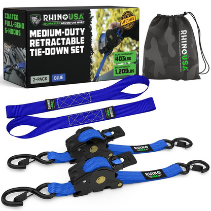 Blue 2-pack retractable ratchet tie-down straps with storage bag
