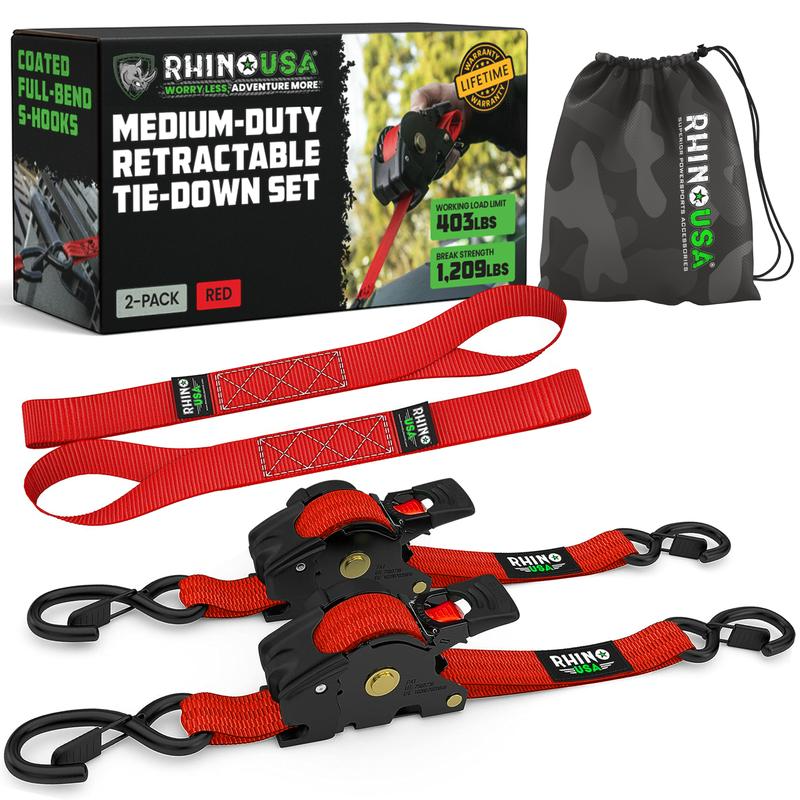 Red 2-pack retractable ratchet tie-down straps with storage bag