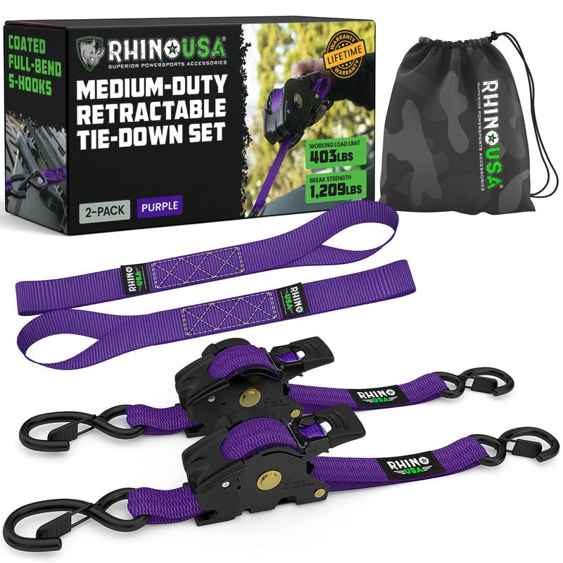 Purple 2-pack retractable ratchet tie-down straps with storage bag