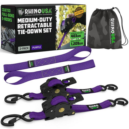 Purple 2-pack retractable ratchet tie-down straps with storage bag