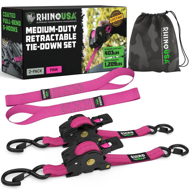 Pink 2-pack retractable ratchet tie-down straps with storage bag